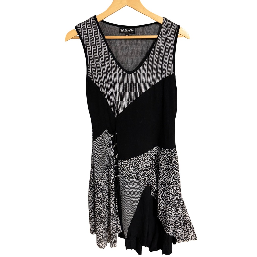 Papillon Mixed Print Patchwork Tunic Top Dress Womens L Leopard Chevron‎ Black